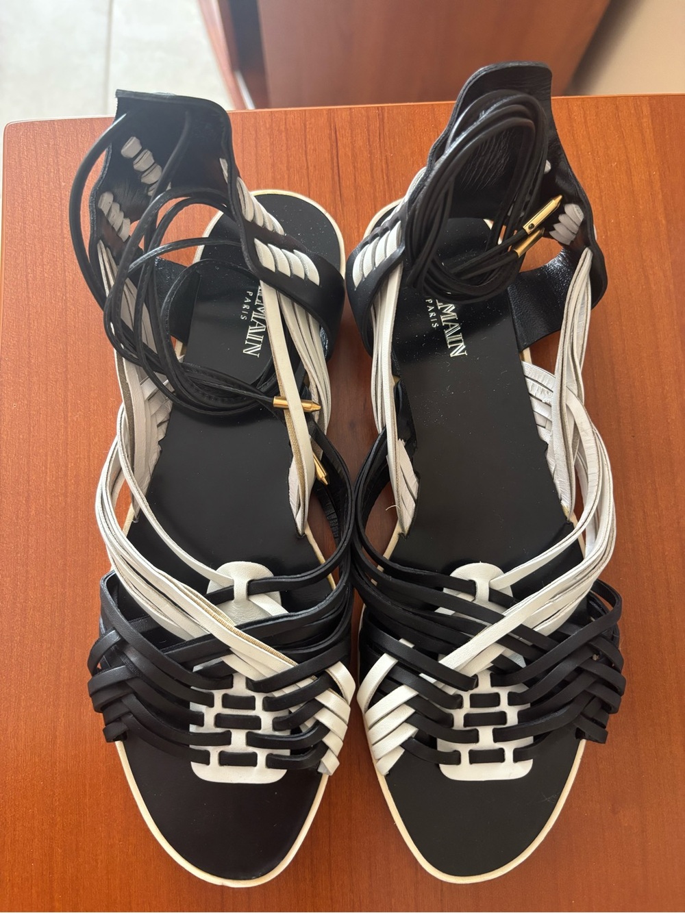 Balmain Black and White Woven Lace-Up Strappy Sandals